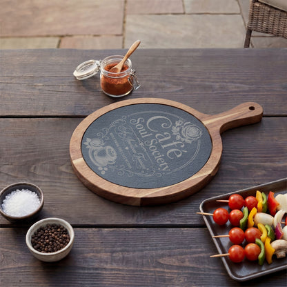 Cafe Soul Society Engraved Bamboo Charcuterie Board with Cheese Tools – 'Café Soul Society' Slate Inlay