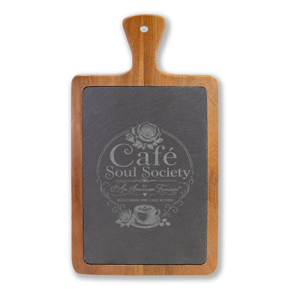 Cafe Soul Society Engraved Bamboo Charcuterie Board with Cheese Tools – 'Café Soul Society' Slate Inlay