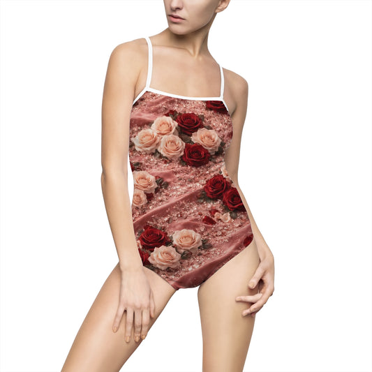 The Velvet Rose One-Piece Swimsuit – Vintage Red & Blush Floral Print