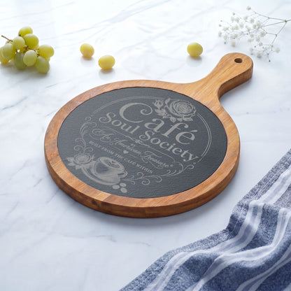 Cafe Soul Society Engraved Bamboo Charcuterie Board with Cheese Tools – 'Café Soul Society' Slate Inlay