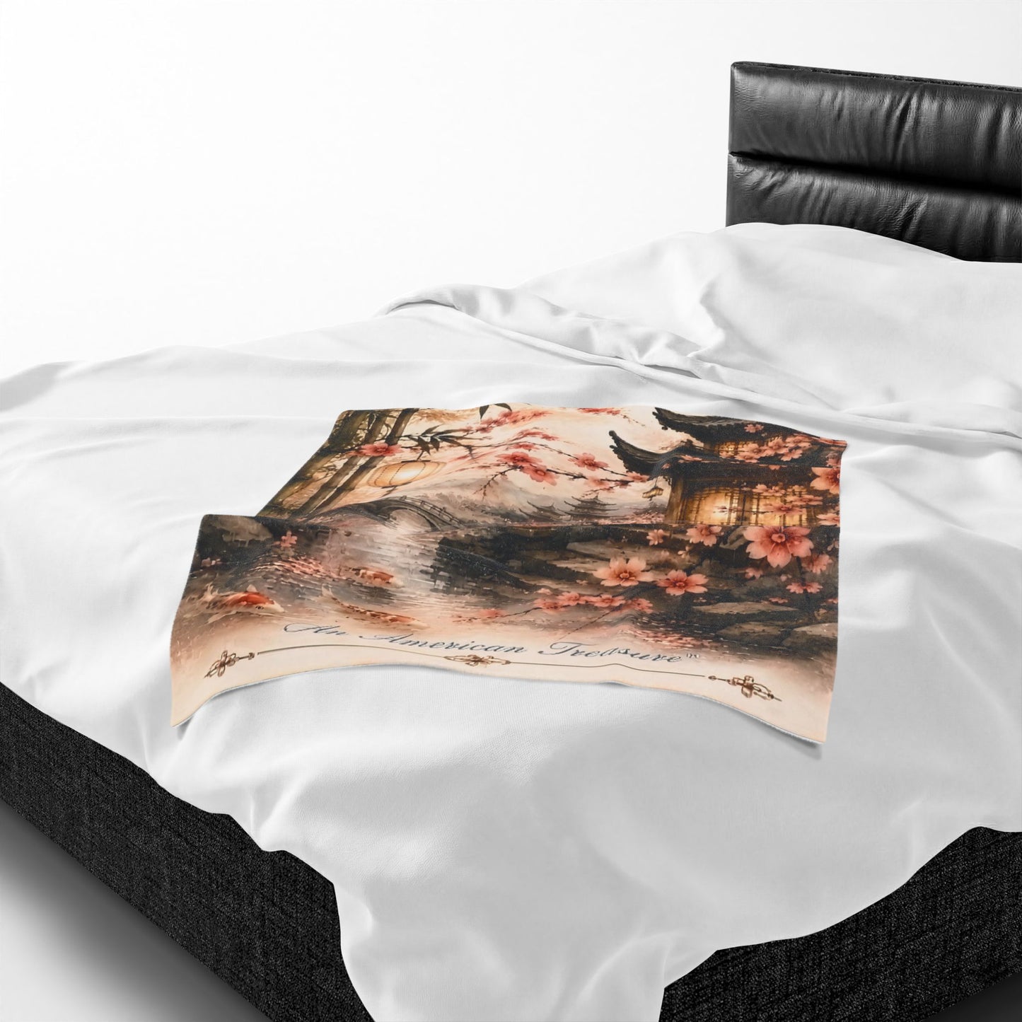 Bamboo & Blossom Velveteen Plush Blanket — Cherry Blossom Lantern Japanese Garden Throw