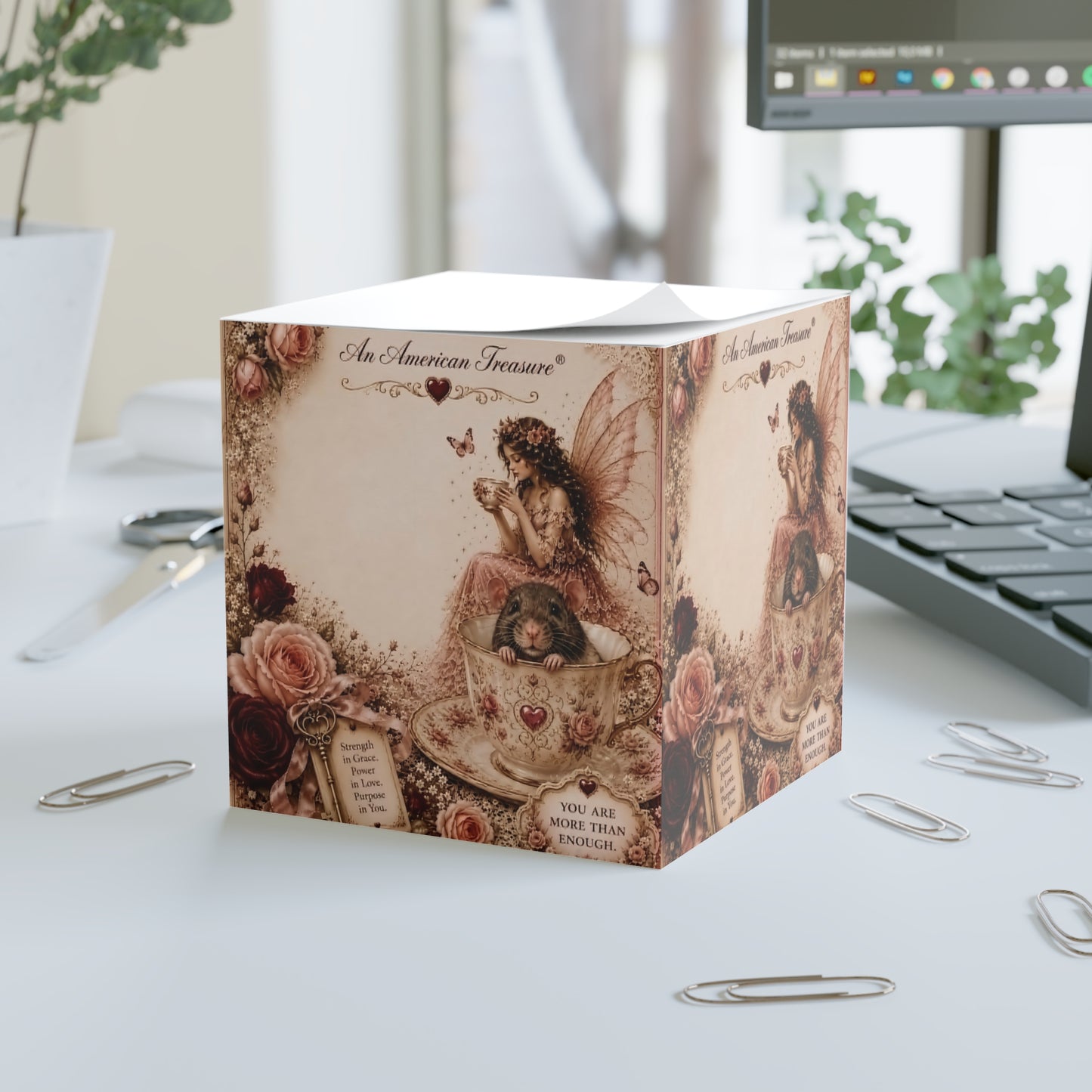 RattaCutie Couture Limited Edition Design 3 Fairy Tea Note Cube - Floral Inspirational Memo Pad ("You Are More Than Enough")