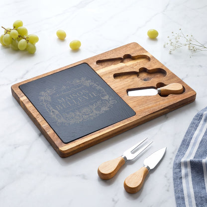 Maison Bellevie Engraved Acacia Charcuterie Board with Slate Inlay & Cheese Knives
