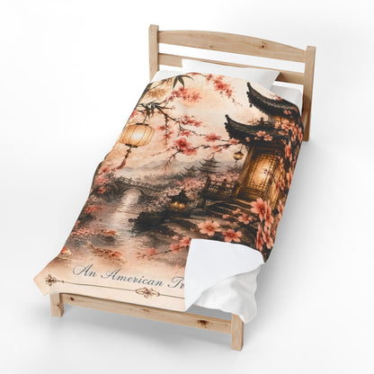 Bamboo & Blossom Velveteen Plush Blanket — Cherry Blossom Lantern Japanese Garden Throw