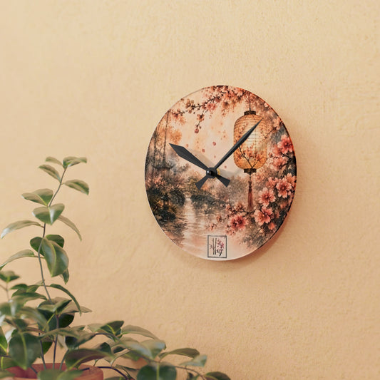 Bamboo & Blossom Collection Acrylic Wall Clock - Vintage Cherry Blossom Landscape with Lantern